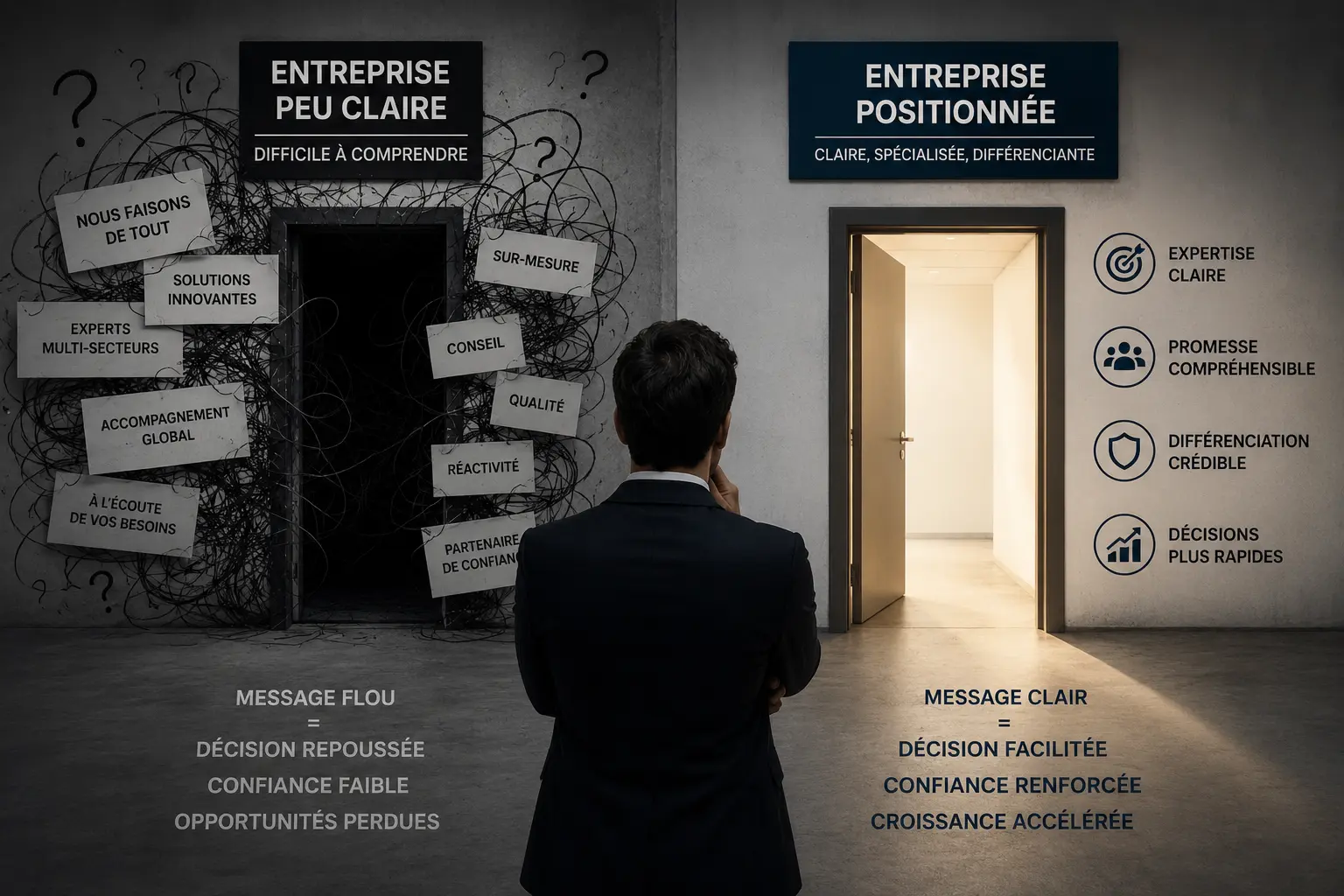 Illustration du positionnement d’entreprise montrant la différence entre un message confus et une proposition de valeur claire.