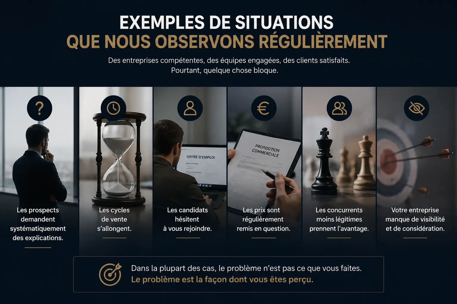Illustration des conséquences d’un positionnement d’entreprise insuffisamment clair sur les ventes, le recrutement et la visibilité.