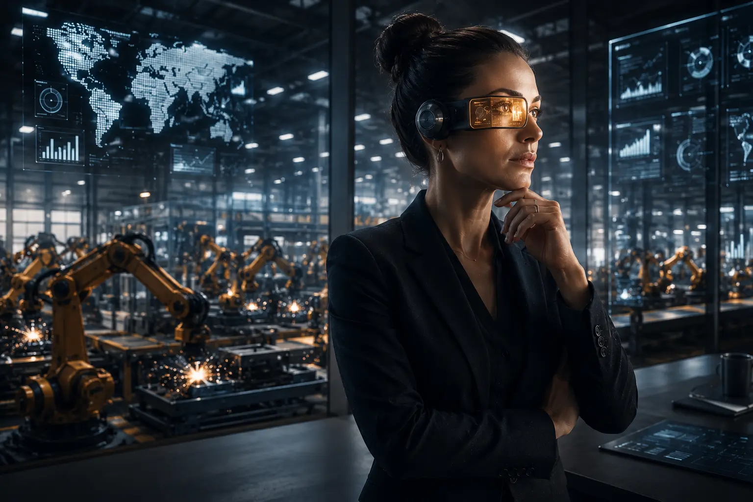 Dirigeante d’entreprise dans un environnement industriel automatisé portant un monocle d’intelligence artificielle, illustrant la réflexion stratégique entre innovation, IA et différenciation des entreprises.