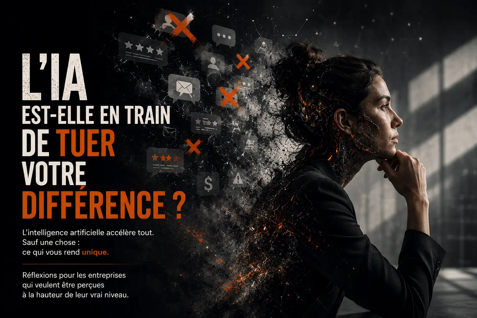 Illustration d’une dirigeante assistée par une intelligence artificielle dans un environnement industriel moderne, symbolisant la collaboration entre réflexion humaine et technologie.